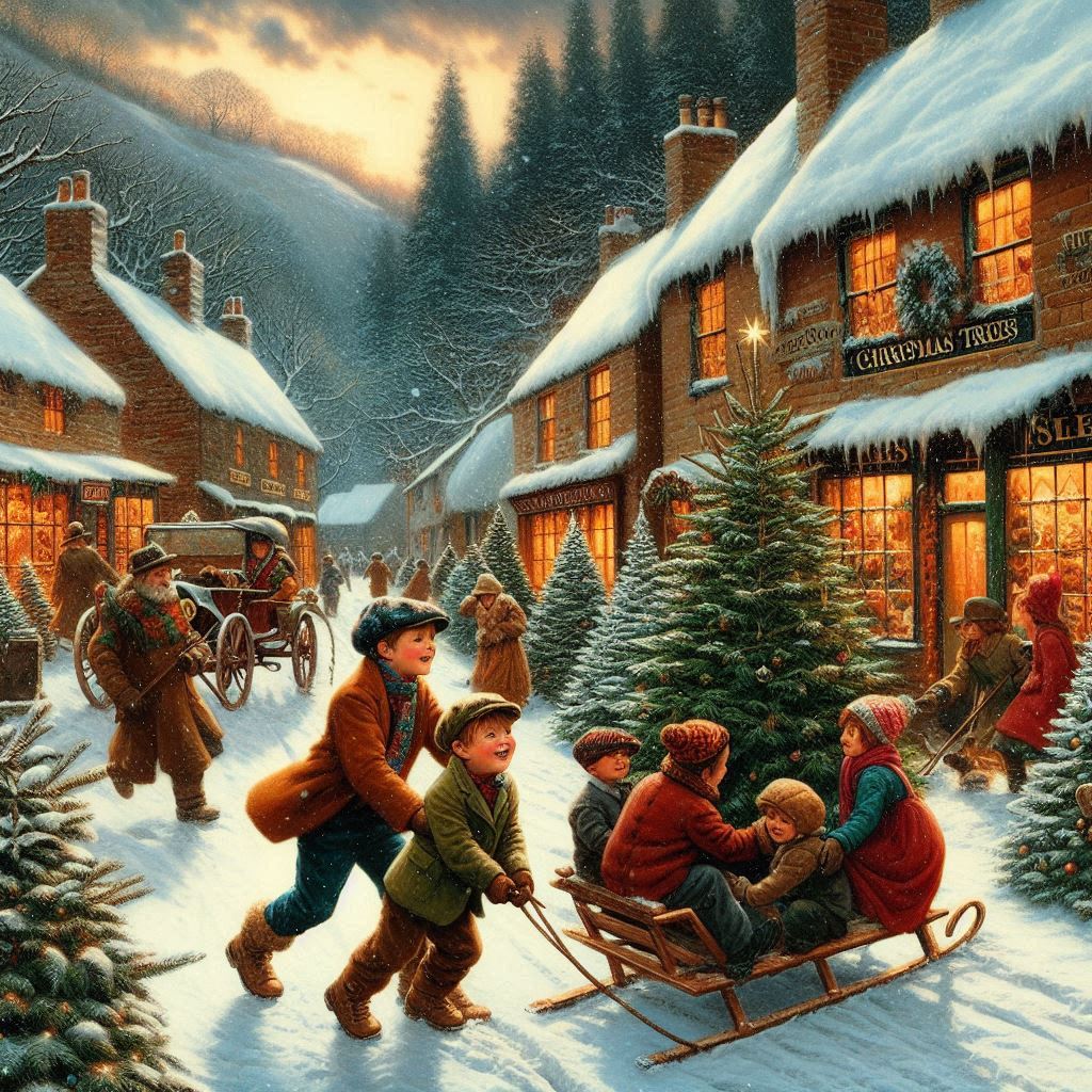 Children sledging in a small Christmas village