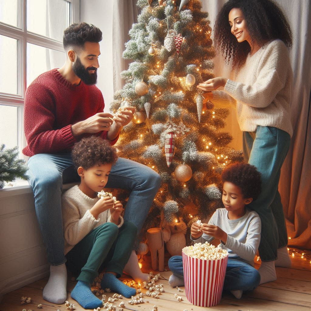 family decorating the christmas tree