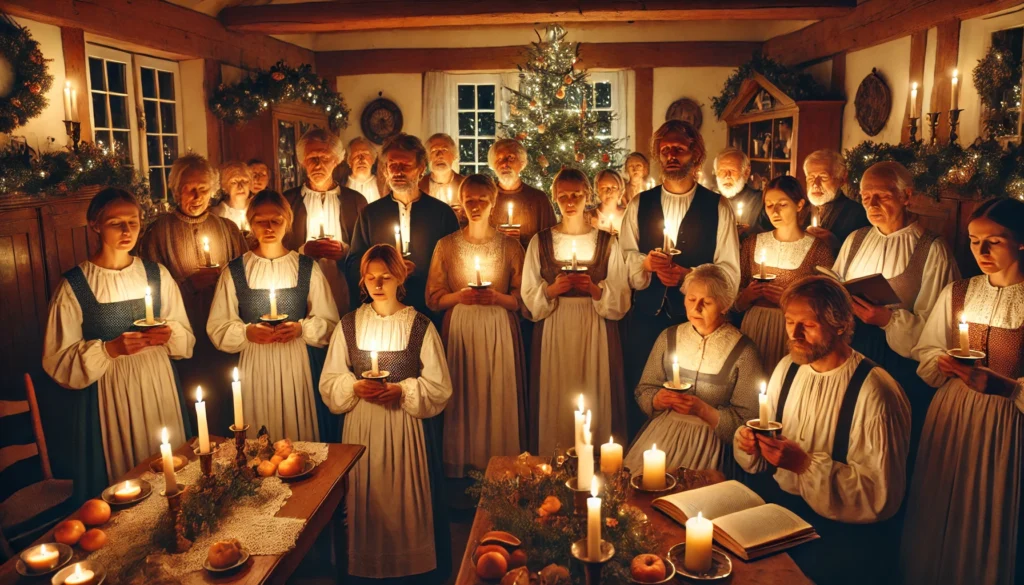  Moravian Christians celebrating Christmas, using candles for illumination. They are gathered in a cozy, warmly lit room decorated