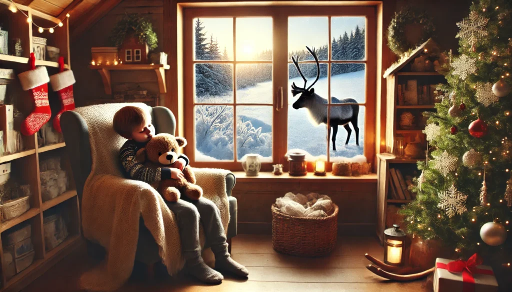 A boy with his warmie snuggled by the window, Reindeer outside in the cold winter snow.