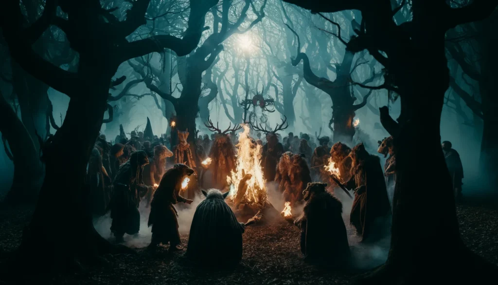 Ancient Celtic people warding off spirits during Samhain with a large bonfire