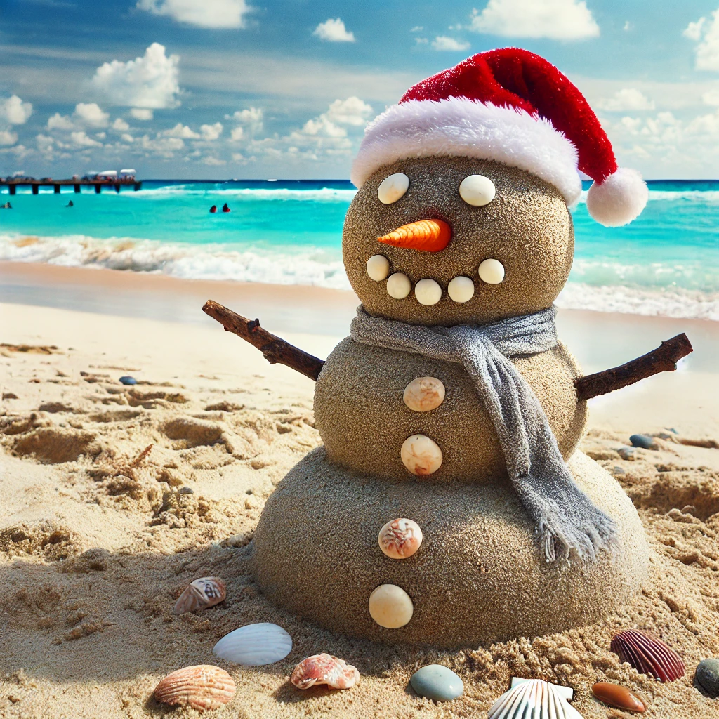 Christmas in july snowman made from sand