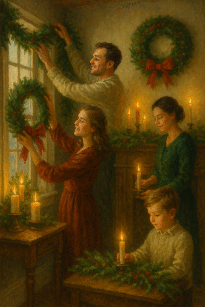 A warm, traditional Christmas scene of a family decorating their home. A man hangs a garland above the window while a woman places a wreath with a red bow